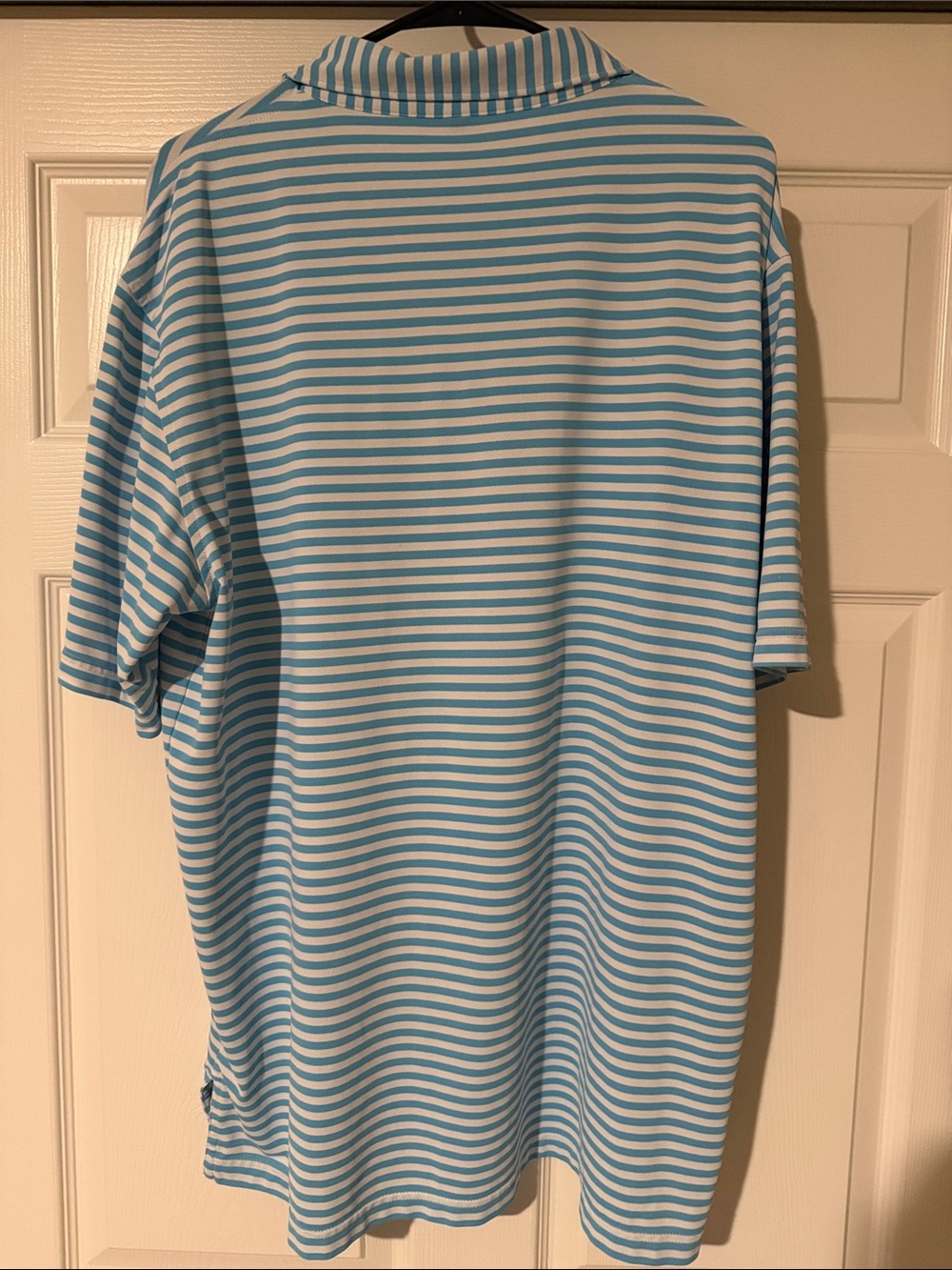 Peter Millar Men's Aqua and White Striped Pinehurst 1895 Polo - Picture 4 of 4